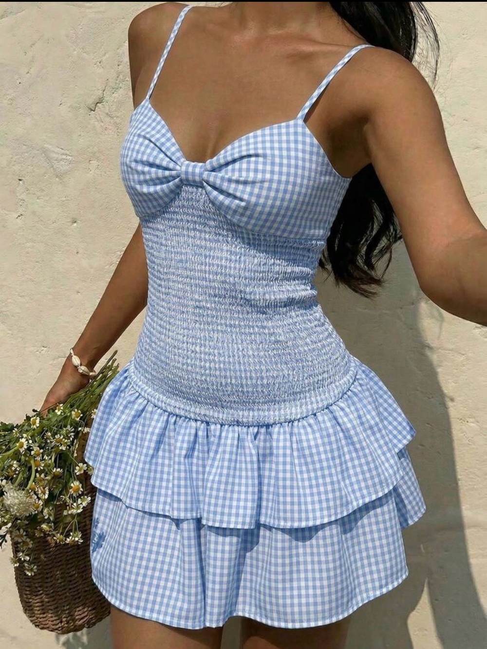 Oh Polly Light Blue Gingham Smocked Mini Dress